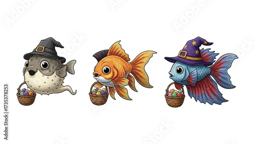 Halloween Aquarium Trio: Three whimsically designed fish, adorned with Halloween witch hats and carrying baskets, bring a touch of seasonal fun and charm to any aquatic theme.