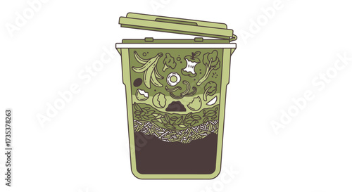 Illustrated Composting Bin Demonstrating Waste Decomposition for Sustainable Living and Environmental Education Initiatives, Promoting Eco-Friendly Practices and Home Gardening