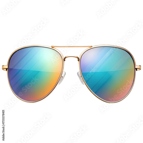 A pair of round sunglasses with colorful mirrored lenses reflecting a rainbow of colors, isolated on a transparent background