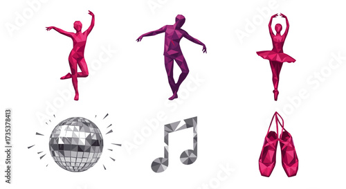 Vector art of ballet dancers, disco ball, musical note, and ballet shoes