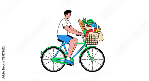 Cyclist Delivering Groceries Illustration Depicting Sustainable Lifestyle and Healthy Eating Habits for Use in Food Delivery Services and Eco-Friendly Campaigns