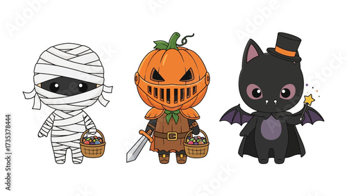 Halloween Trio: Three whimsical Halloween figures, each meticulously crafted with unique characteristics - a charming mummy, a grinning pumpkin knight, and a delightful bat.