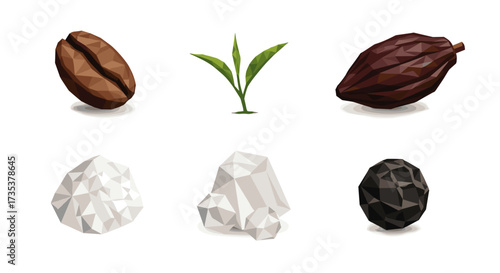 Vector art of coffee bean, tea leaves, cocoa pod, salt, sugar, and peppercorn