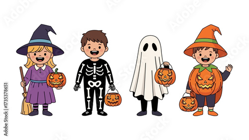 Whimsical Halloween Characters: A charming illustration showcasing a group of children in delightful Halloween costumes, radiating the spirit of fun and trick-or-treating. 