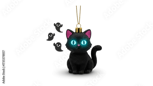 Halloween Cat Ornament: A charming black cat ornament, exuding spooky elegance with glowing eyes, hangs in the frame alongside playfully designed spectral elements.