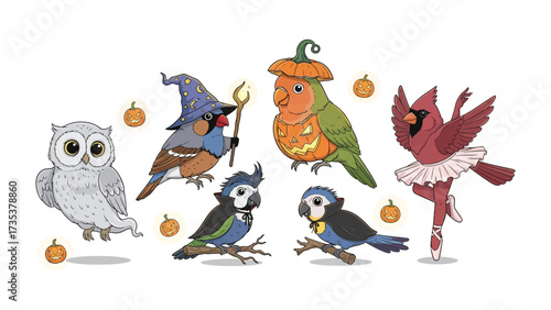 Whimsical Costume Birds: A charming illustration of various birds adorned in fanciful Halloween costumes, including a witch, a pumpkin, a ballerina.