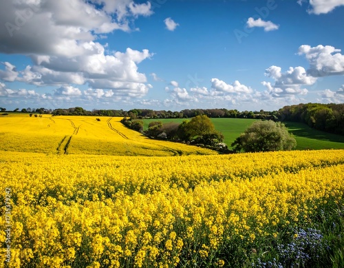 Panoramic view of a vibrant yellow rapeseed field under a partly cloudy blue sky