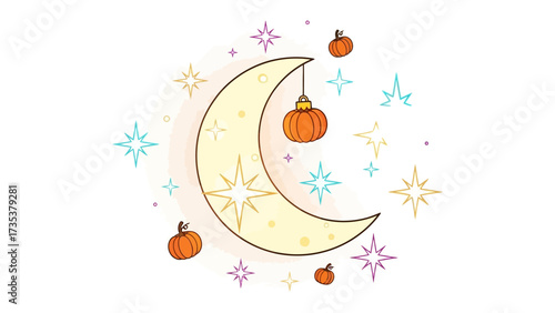 Enchanting Crescent Moon and Pumpkin Lanterns: A celestial scene featuring a luminous crescent moon adorned with radiant stars.