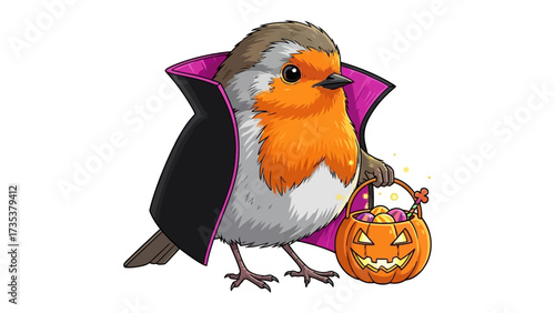 Halloween Robin with Treats: A charming robin, adorned in a vampire cape, merrily carries a jack-o'-lantern treat basket against a white background, epitomizing the festive spirit. 