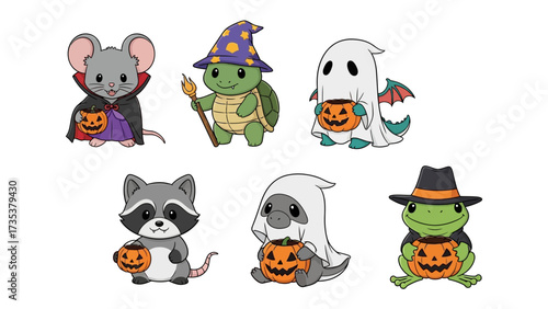 Whimsical Halloween Crew: A charming assortment of cartoonish critters dressed in festive costumes, each clutching a glowing pumpkin, evoke the enchantment of All Hallows' Eve. 