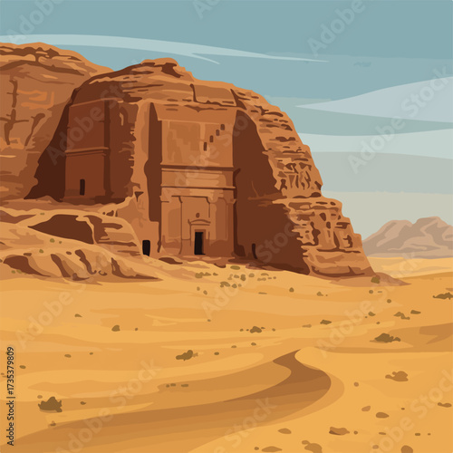 Ancient Carved Rock Tomb in Desert Landscape with Winding Road.