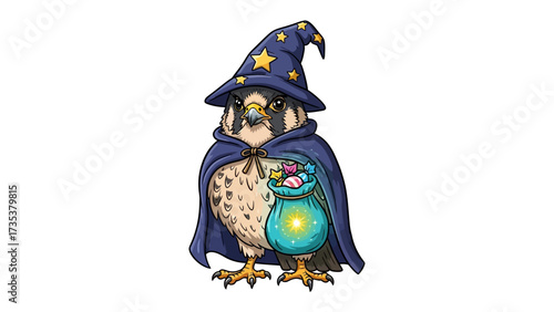 Wise Wizard Bird: A charming illustration of a bird donning a wizard's attire, featuring a starry hat and a magical pouch. Evoking enchantment and whimsical fantasy.