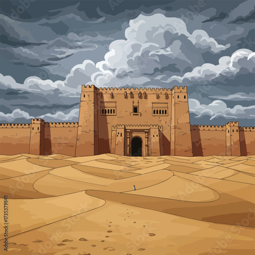 Ancient Desert Fortress SandColored Walls and Towers Under Cloudy Sky.