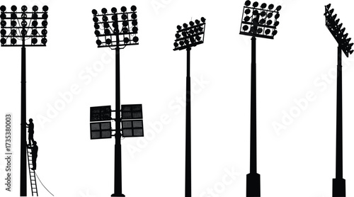 Stadium floodlight tower vector illustration with workers, powerful spotlights, tall lighting poles, sports field illumination, night lighting, and outdoor arena lights.