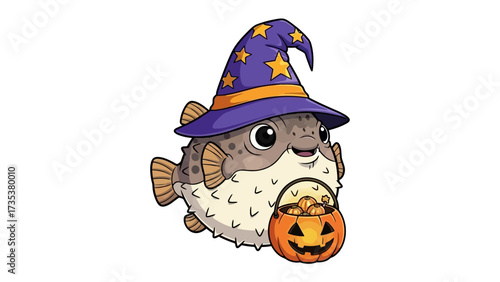 Pufferfish Halloween: An adorable pufferfish in a witch hat is a festive and lighthearted Halloween graphic illustration, embodying the spirit of playful trick-or-treating.