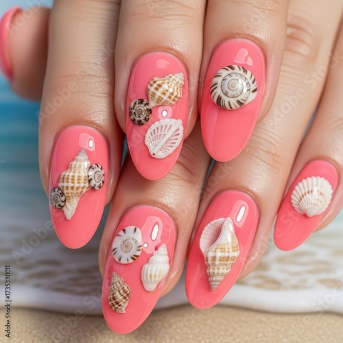 Coral nail art adorned with seashells A vibrant summer manicure featuring various shell designs and textures, perfect for beach vibes