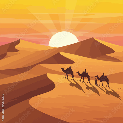 Caravan of Camels with Riders Silhouetted in a Desert Landscape.