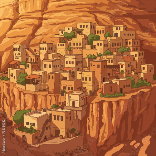 Cartoon Middle Eastern Village on Cliffside with Beige Buildings and Green Vegetation.