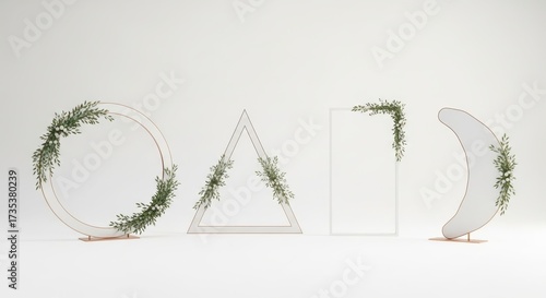 Elegant geometric wedding arches with floral accents against a minimalist backdrop, ideal for creating stunning ceremony settings