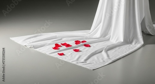 Elegant white fabric draped with red rose petals, creating a simple yet striking contrast for wedding ceremonies, symbolizing love