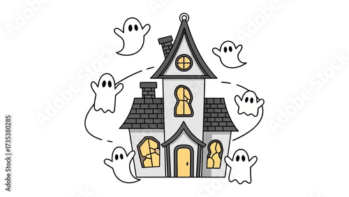 Haunted House Fantasy: A whimsical illustration captures the spooky charm of Halloween, a mysterious haunted house is surrounded by a playful array of floating spirits, inviting a festive spirit