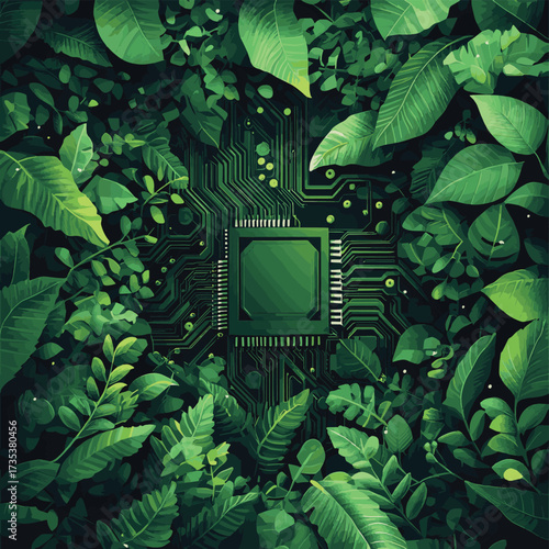 Green circuit board in lush foliage; nature and tech blend. Lush Circuit. Illustration , vector style simple color
