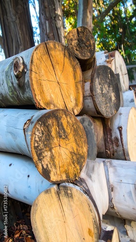 Stacked logs, cross-sections of timber