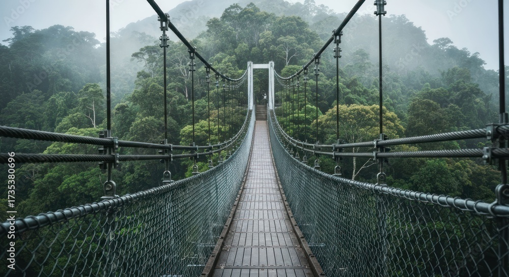 Obraz premium Misty jungle suspension bridge