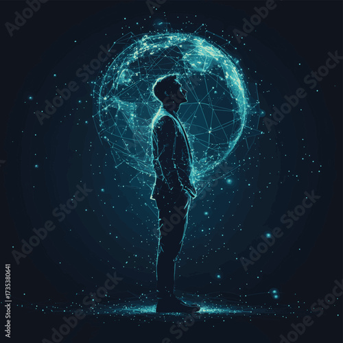 Businessman, night or vr global network hologram for digital future technology, big data or virtual reality