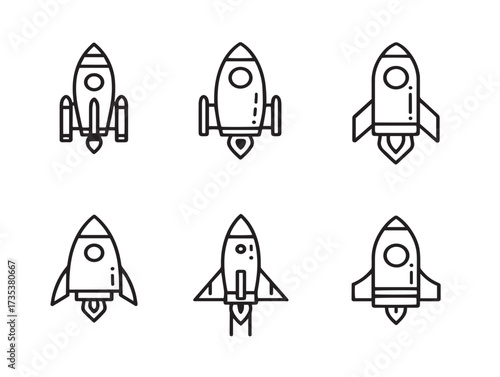 Clean Rocket Launch Six Icons Outline Vector Modern Design