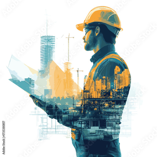 Construction engineer holding plan in double exposure above blue city and construction site. Generative AI , vector style simple color