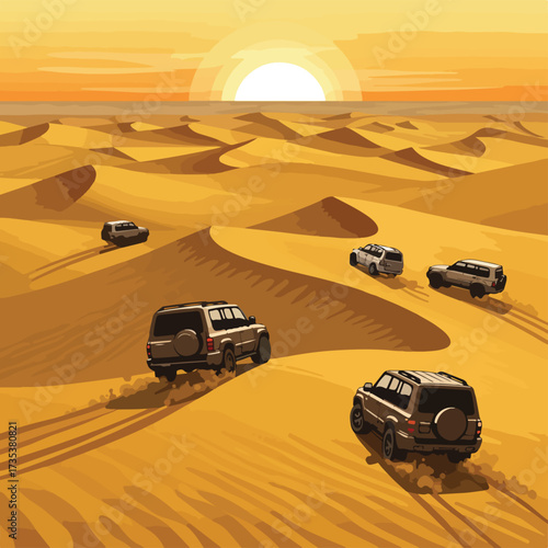 Four offroad vehicles driving through a vast desert landscape at sunset.