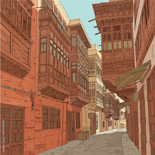 Historic AlBalad Architecture Ornate Wooden Facades and Traditional Bay Windows.