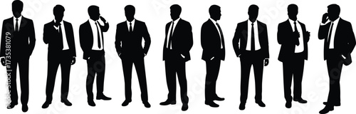 Businessmen silhouettes, formal attire, corporate pose, mobile interaction, professional men, standing figures, black shadow style, office concept, business presence
