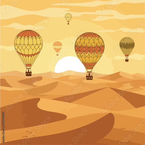 Hot Air Balloons Floating Over Sandy Desert Landscape at Sunrise.