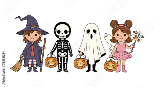 Halloween Kids in Costume: A whimsical depiction of four children, each adorned in delightful Halloween costumes, ready for trick-or-treating with their pumpkin buckets.