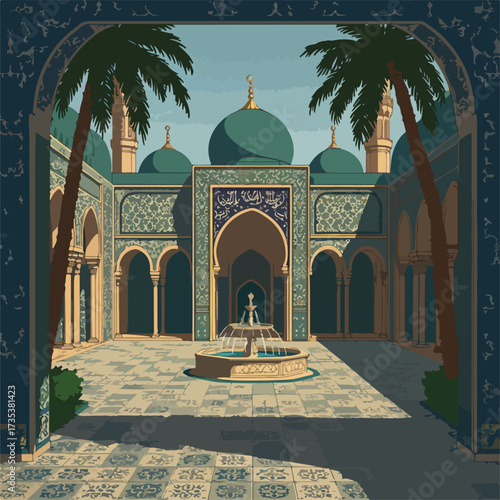 Ornate Islamic Mosque Courtyard with Fountain and Palm Trees Detailed Architecture.
