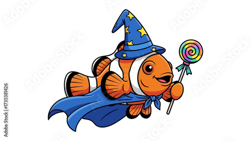 Fish Wizard's Colorful Magic: An enchanting illustration of a clownfish transformed into a wizard, adorned with a whimsical hat and cape, holding a colorful swirl lollipop.