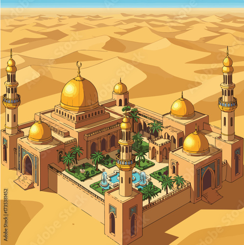 Ornate Middle Eastern Mosque with Golden Domes and Minarets in Desert Landscape.