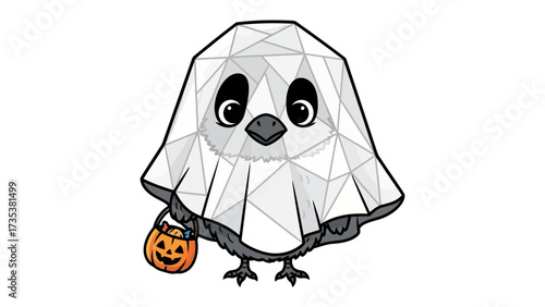 Spooky Raven in Costume: A charming raven dressed as a ghost, gleefully holding a trick-or-treat bucket, against an artful, minimal background.