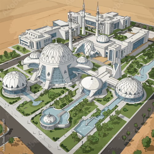 Ornate White Mosque Complex with Domes and Minarets in a Garden Setting.