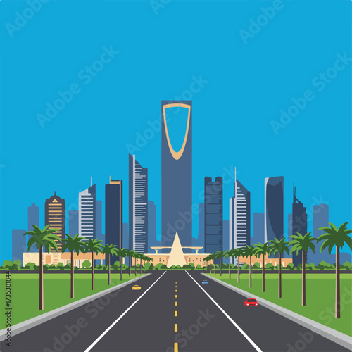 Riyadh Skyline Illustration Modern Buildings Palm Trees and Road.