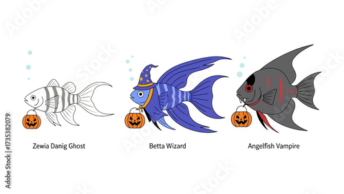 Halloween Fish: A trio of creatively designed cartoon fish, each bearing a unique Halloween theme and charmingly holding pumpkin baskets. Emphasizing artistry and thematic unity.