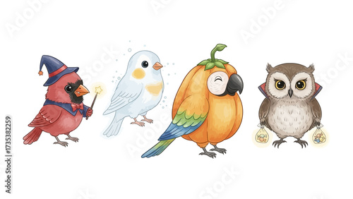 Whimsical bird in Halloween: A colorful illustration featuring four charming birds, each dressed for the Halloween season. Including a witchy cardinal, an adorable white dove, a pumpkin parrot.