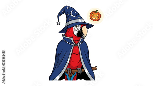 Parrot Wizard in Costume: A vibrant parrot dons a whimsical wizard costume, adorned with a starry hat and a cape. A glowing pumpkin is in a scene.
