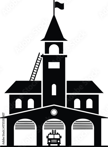Silhouette of a classic fire station with a fire truck