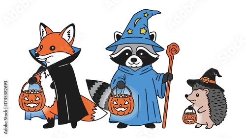 Halloween Animals Gathering: A whimsical illustration of three adorable animals dressed up for Halloween, carrying pumpkin-shaped lanterns and ready for a night of spooky fun and treats.