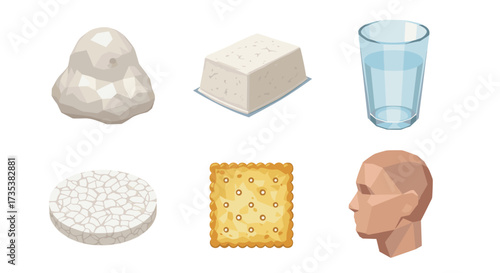 Vector art of food and drink items including tofu, cracker, and water