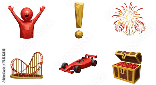 Vector art of celebration and adventure elements including fireworks and roller coaster