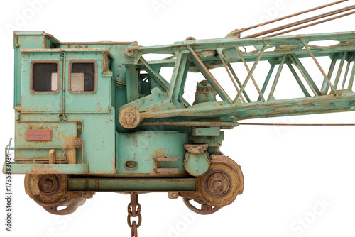 Isolated Weathered Green Mobile Crane with Rust on Transparent Background Detailed View of Crane Structure Vintage Industrial Equipment Heavy Machinery Construction Vehicle